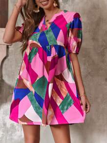 SHEIN Clasi Patchwork Print Notched Neckline Puff Sleeve Dress - Multicolor - View 1