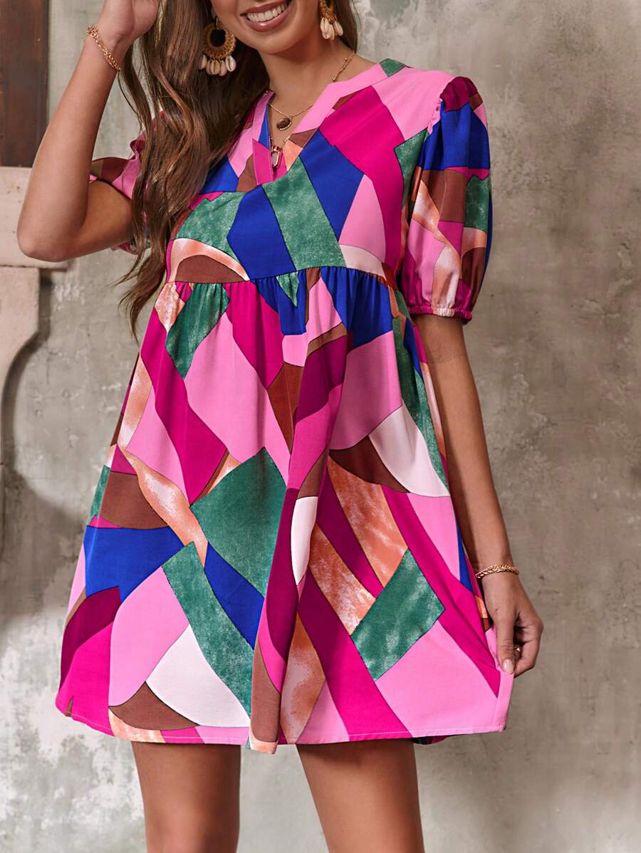 SHEIN Clasi Patchwork Print Notched Neckline Puff Sleeve Dress - Multicolor - View 1