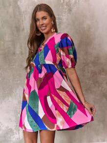 SHEIN Clasi Patchwork Print Notched Neckline Puff Sleeve Dress - Multicolor - View 4