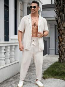 GENTILAND 男士大码素色西裝領襯衫和腰部抽繩長褲 - 杏色 - 查看 1