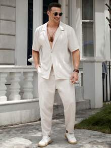 GENTILAND 男士大码素色西裝領襯衫和腰部抽繩長褲 - 杏色 - 查看 3