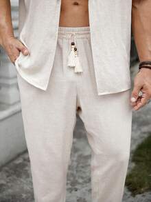 GENTILAND 男士大码素色西裝領襯衫和腰部抽繩長褲 - 杏色 - 查看 5