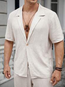 GENTILAND 男士大码素色西裝領襯衫和腰部抽繩長褲 - 杏色 - 查看 8