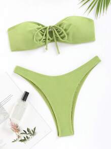 SHEIN Swim Summer Beach Drawstring Bandeau Bikini Set - Olive Green - View 1