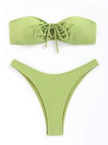 SHEIN Swim Summer Beach Drawstring Bandeau Bikini Set - Olive Green - View 4