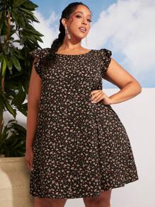 SHEIN CURVE+ Plus Ditsy Floral Print Ruffle Trim Dress - Multicolor - View 3