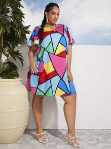 SHEIN CURVE+ 大碼幾何印花直筒連衣裙 - 彩色 - 查看 4