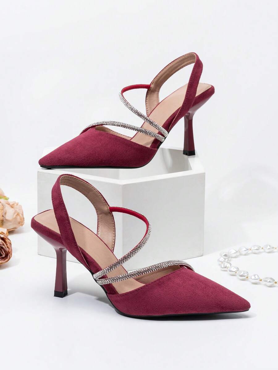 Women Rhinestone Decor Point Toe Stiletto Heeled Pumps, Glamorous Burgundy Elastane Slingback Pumps For Party