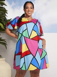 SHEIN CURVE+ 大碼幾何印花直筒連衣裙 - 彩色 - 查看 6