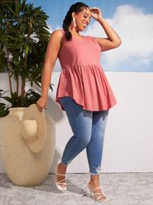 SHEIN CURVE+ Áo sơ mi Plus Size Bất đối xứng Viên lá sen màu trơn Dễ thương - Hồng - Xem 6
