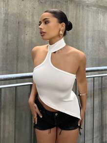 SHEIN ICON Áo khoác và áo lót dành cho xe tăng nữ Bất đối xứng Lộ Lưng Nút màu trơn Gợi cảm - trắng - Xem 1