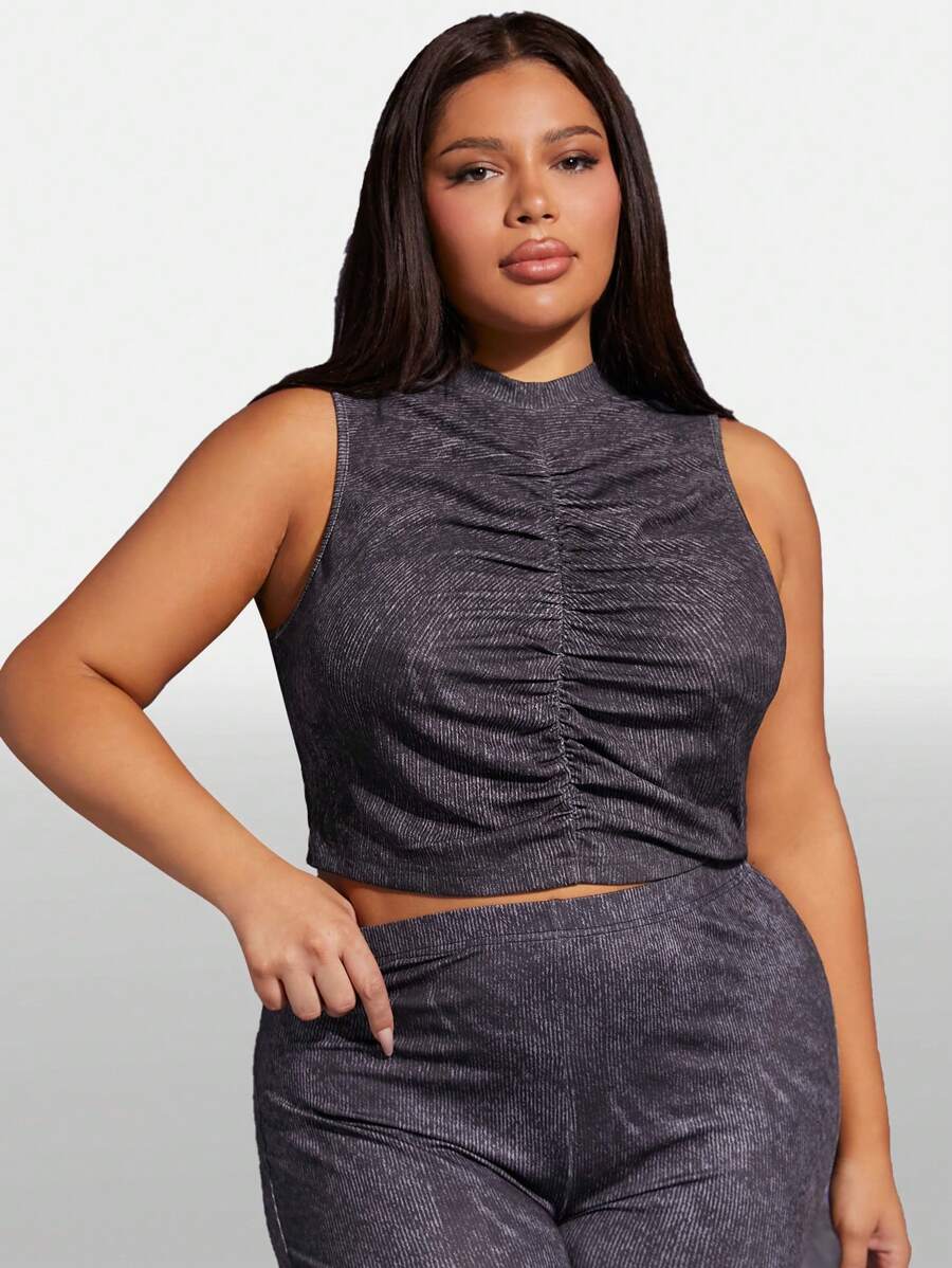 SHEIN SXY 大碼前收褶背心上衣 - 深灰色 - 查看 1