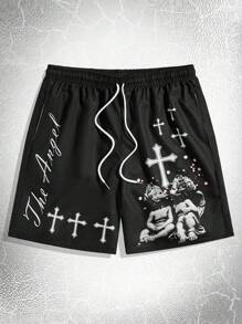 ROMWE MEN Goth Quần short cạp rút dây họa tiết chữ thập cho nam, đi học - màu đen - Xem 1