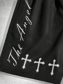 ROMWE MEN Goth Quần short cạp rút dây họa tiết chữ thập cho nam, đi học - màu đen - Xem 3