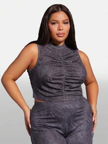 SHEIN SXY 大碼前收褶背心上衣 - 深灰色 - 查看 4