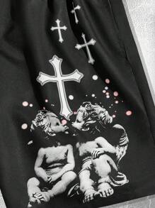 ROMWE MEN Goth Quần short cạp rút dây họa tiết chữ thập cho nam, đi học - màu đen - Xem 4