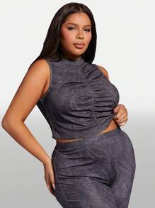 SHEIN SXY 大碼前收褶背心上衣 - 深灰色 - 查看 5