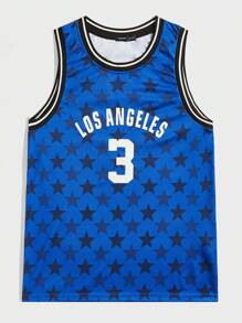 ROMWE MEN Prep Guys Letter & Star Print Striped Trim Tank Top - Blue - View 1