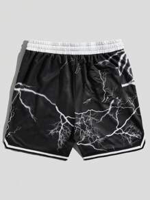 ROMWE MEN Street Life Men Letter Graphic Striped Trim Basketball Shorts, School - Black - View 2