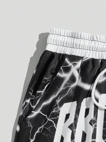 ROMWE MEN Street Life Men Letter Graphic Striped Trim Basketball Shorts, School - Black - View 3