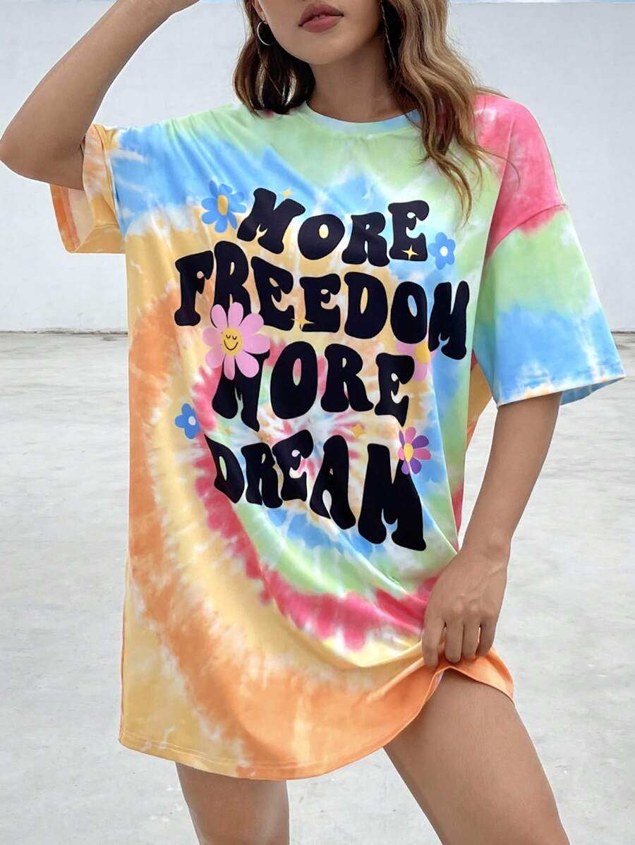 SHEIN EZwear 標語圖案紮染落肩T恤連衣裙 - 彩色 - 查看 1