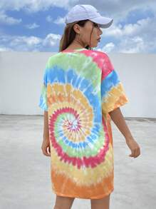 SHEIN EZwear 標語圖案紮染落肩T恤連衣裙 - 彩色 - 查看 2