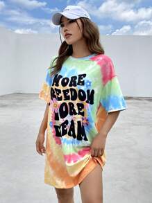 SHEIN EZwear 標語圖案紮染落肩T恤連衣裙 - 彩色 - 查看 3