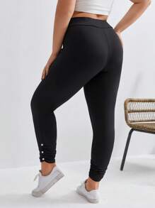 SHEIN Frenchy 大碼素色抽褶下擺緊身打底褲 - 黑色 - 查看 2