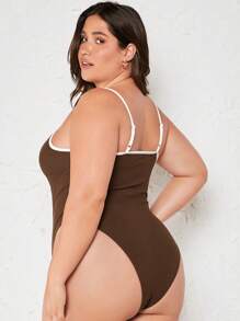SHEIN BASICS 大碼撞色滾邊吊帶連體衣 - 咖啡棕 - 查看 2