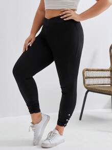 SHEIN Frenchy 大碼素色抽褶下擺緊身打底褲 - 黑色 - 查看 5