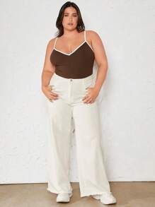 SHEIN BASICS 大碼撞色滾邊吊帶連體衣 - 咖啡棕 - 查看 4