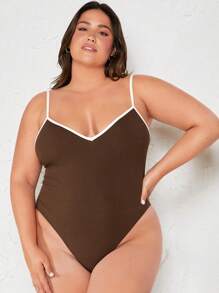 SHEIN BASICS 大碼撞色滾邊吊帶連體衣 - 咖啡棕 - 查看 6