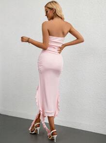 SHEIN Privé Ruched Ruffle Trim Tube Dress - Baby Pink - View 2