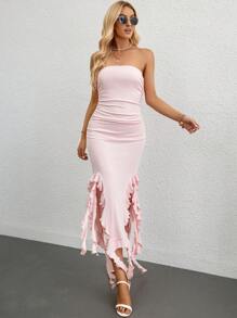 SHEIN Privé Ruched Ruffle Trim Tube Dress - Baby Pink - View 5