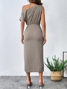 SHEIN Privé Allover Print Asymmetrical Neck Split Thigh Dress - Multicolor - View 6