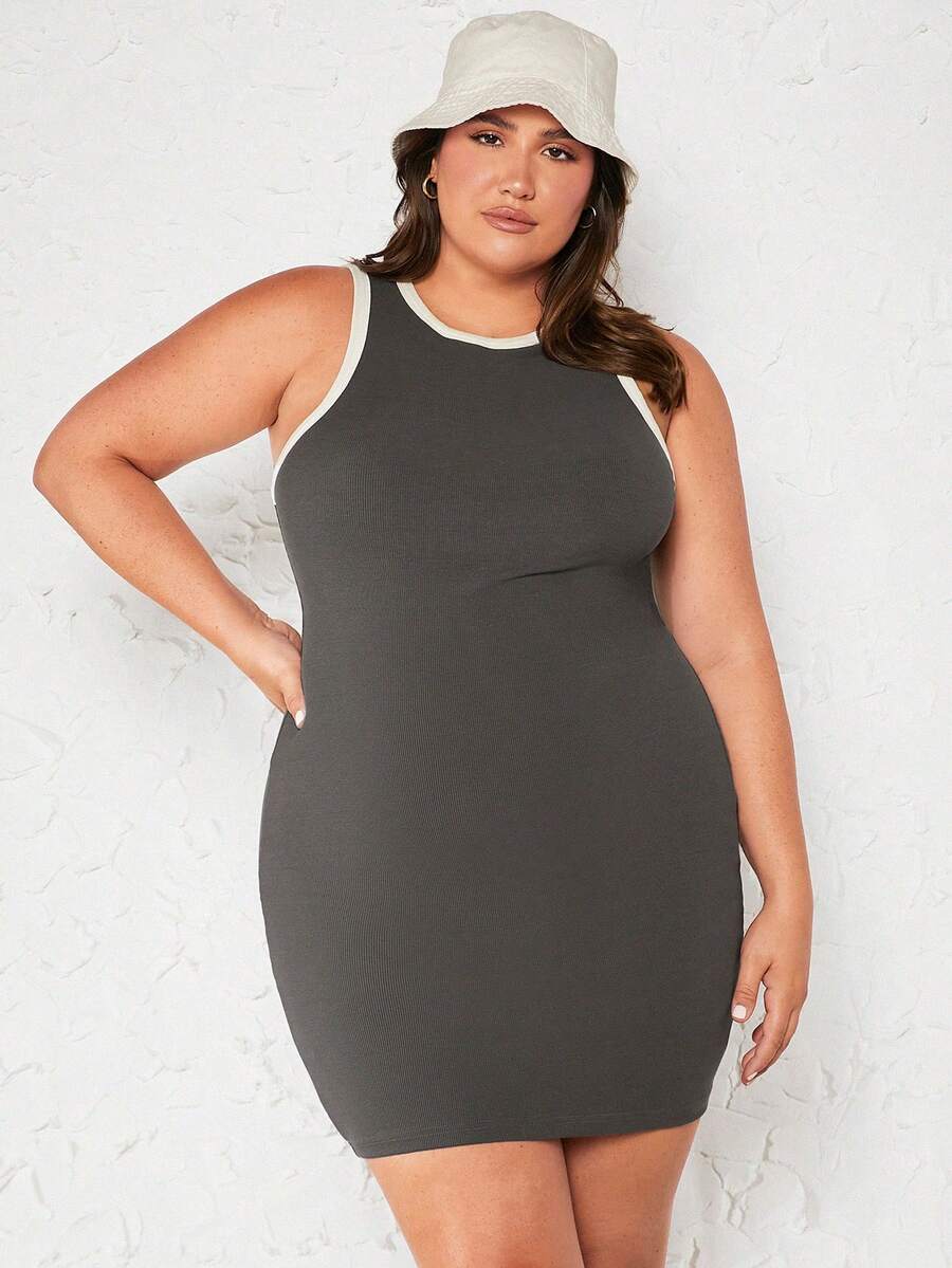 SHEIN BASICS 大碼撞色滾邊緊身背心洋裝 - 深灰色 - 查看 1