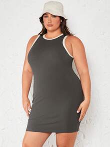 SHEIN BASICS 大碼撞色滾邊緊身背心洋裝 - 深灰色 - 查看 5