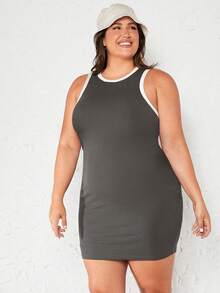 SHEIN BASICS 大碼撞色滾邊緊身背心洋裝 - 深灰色 - 查看 4