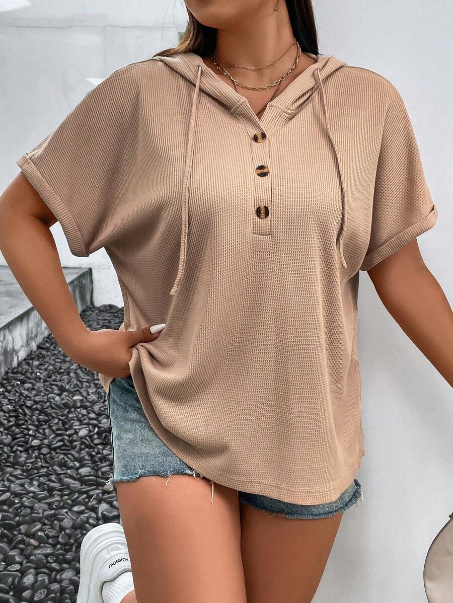 SHEIN LUNE Áo thun Plus size Nút Dây kéo Nút phía trước màu trơn Giải trí - Màu Khaki - Xem 1