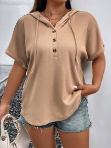 SHEIN LUNE Áo thun Plus size Nút Dây kéo Nút phía trước màu trơn Giải trí - Màu Khaki - Xem 4