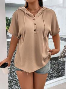 SHEIN LUNE Áo thun Plus size Nút Dây kéo Nút phía trước màu trơn Giải trí - Màu Khaki - Xem 6
