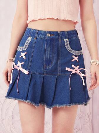 Falda en mezclilla con cordón bajo crudo