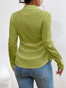 SHEIN Privé Solid Button Front Work Women White Shirt - Lime Green - View 2