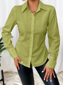 SHEIN Privé Solid Button Front Work Women White Shirt - Lime Green - View 3