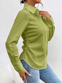 SHEIN Privé Solid Button Front Work Women White Shirt - Lime Green - View 4