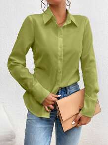 SHEIN Privé Solid Button Front Work Women White Shirt - Lime Green - View 6