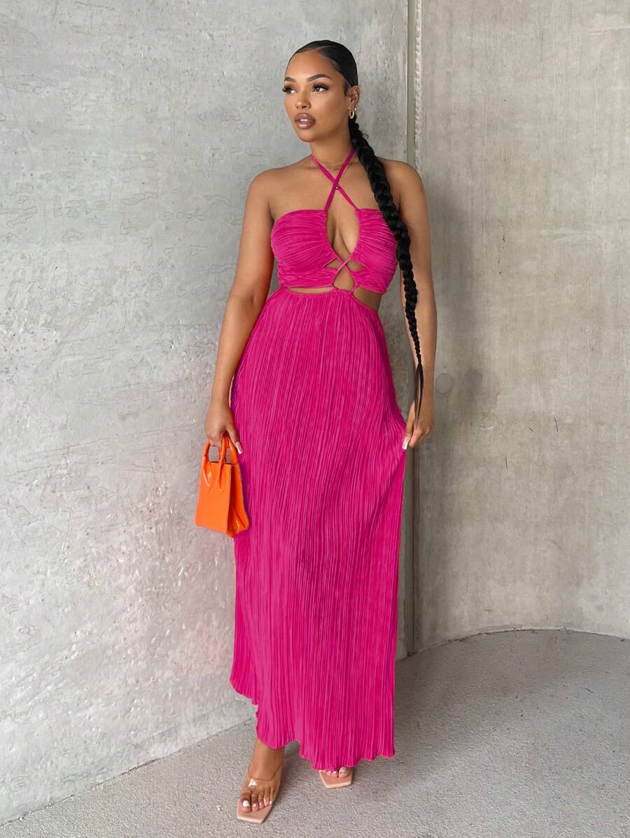 SHEIN SXY Crisscross Tie Backless Halter Swing Dress,Sundress - Hot Pink - View 1