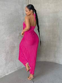 SHEIN SXY Crisscross Tie Backless Halter Swing Dress,Sundress - Hot Pink - View 2