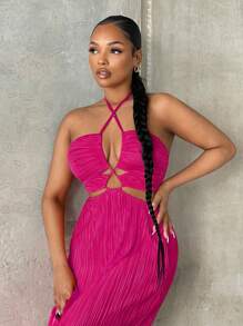 SHEIN SXY Crisscross Tie Backless Halter Swing Dress,Sundress - Hot Pink - View 4