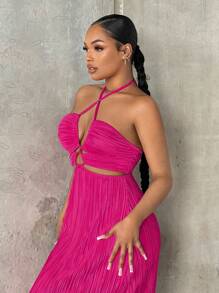 SHEIN SXY Crisscross Tie Backless Halter Swing Dress,Sundress - Hot Pink - View 6